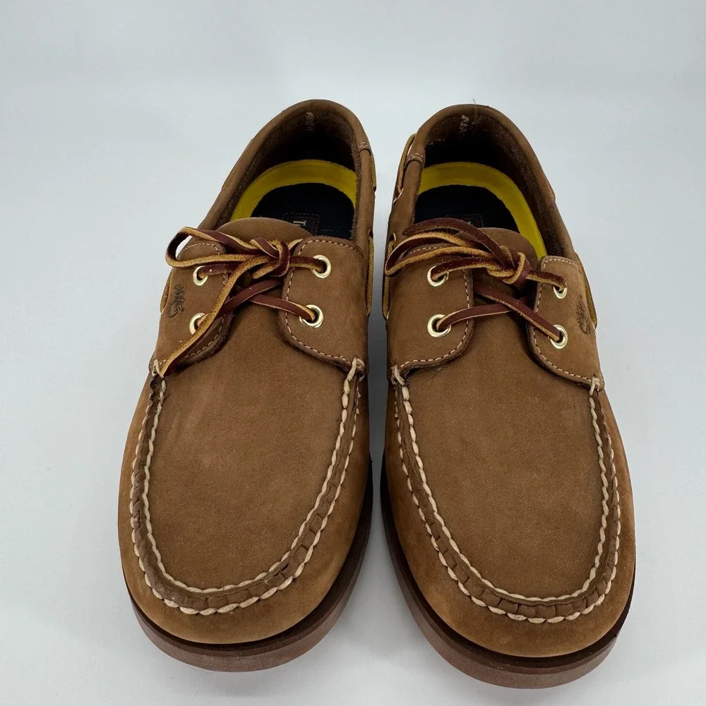 Timberland Boat Shoes Mens 10.5 Brown Leather Moccasin Toe Brown Nubuck 2 Eye